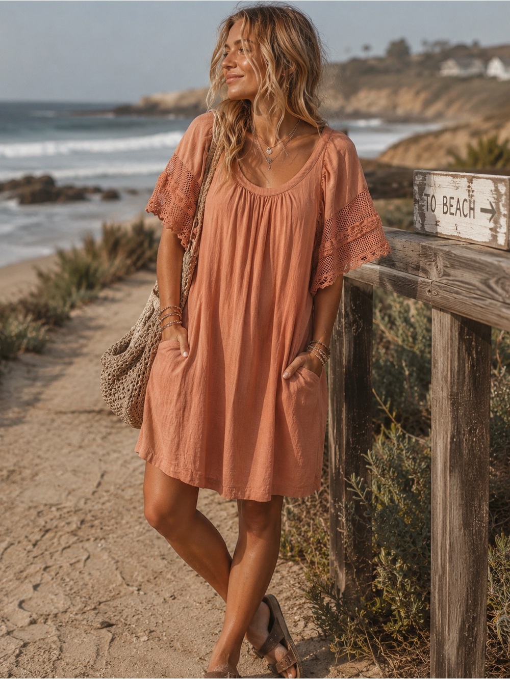 Old Navy Dusty Rose Cotton Boho Dress XL Pockets Lace Sleeve Peasant Cottagecore